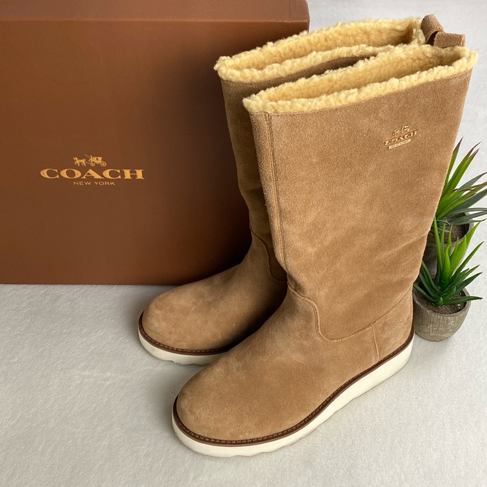 Coach Vitoria Suede Faux Curly Shearling Mid Calf Boots | Camel/Natural - Picture 2 of 15